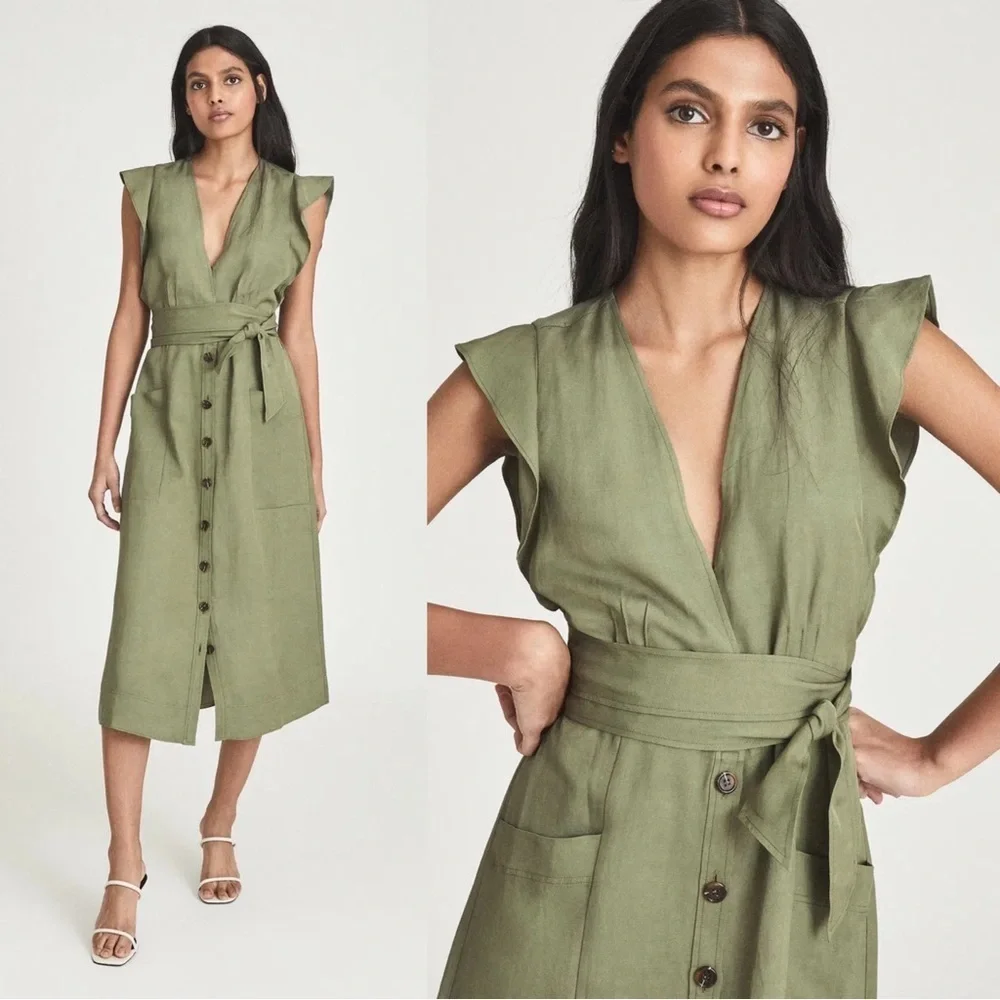REISS • Emma Plunge Frill Shoulder Dress green midi button front tie waist belt - Picture 3 of 14